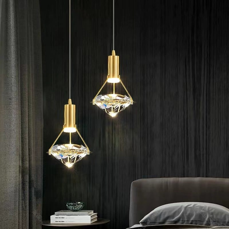 Modern Luxury Diamond Cone Cylinder Iron Crystal LED Pendant Light For Bedroom