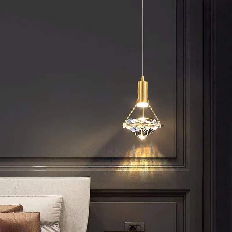 Modern Luxury Diamond Cone Cylinder Iron Crystal LED Pendant Light For Bedroom