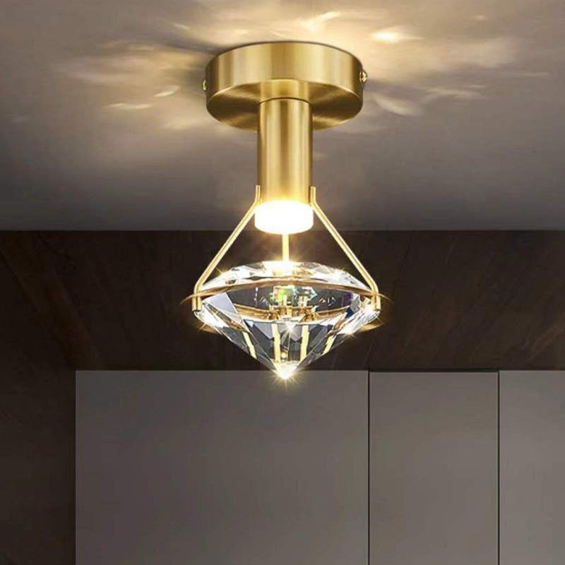 Modern Luxury Diamond Cone Cylinder Iron Crystal LED Semi-Flush Mount Ceiling Light For Bedroom