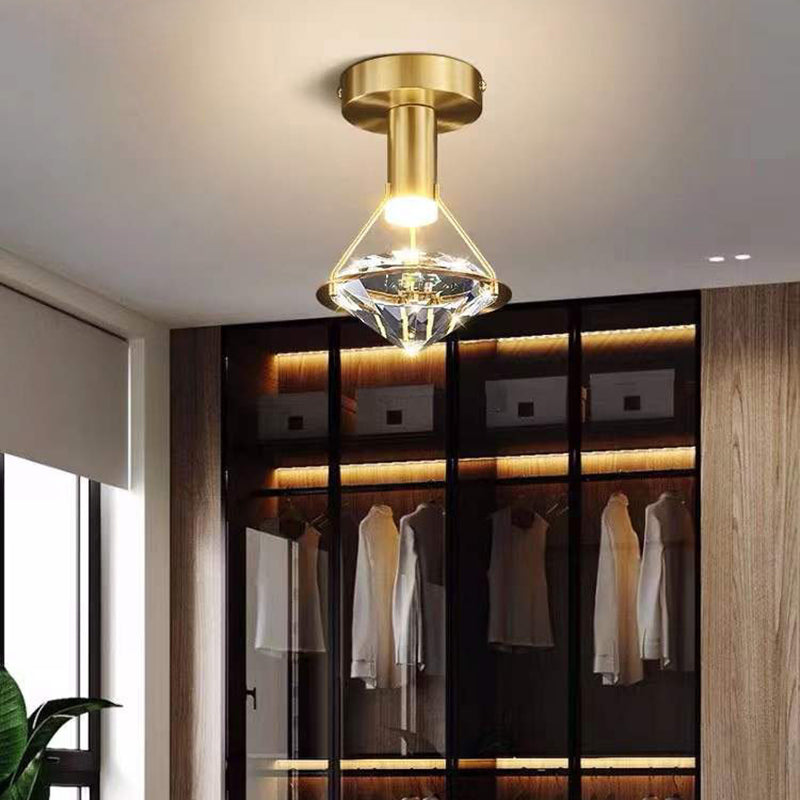 Modern Luxury Diamond Cone Cylinder Iron Crystal LED Semi-Flush Mount Ceiling Light For Bedroom