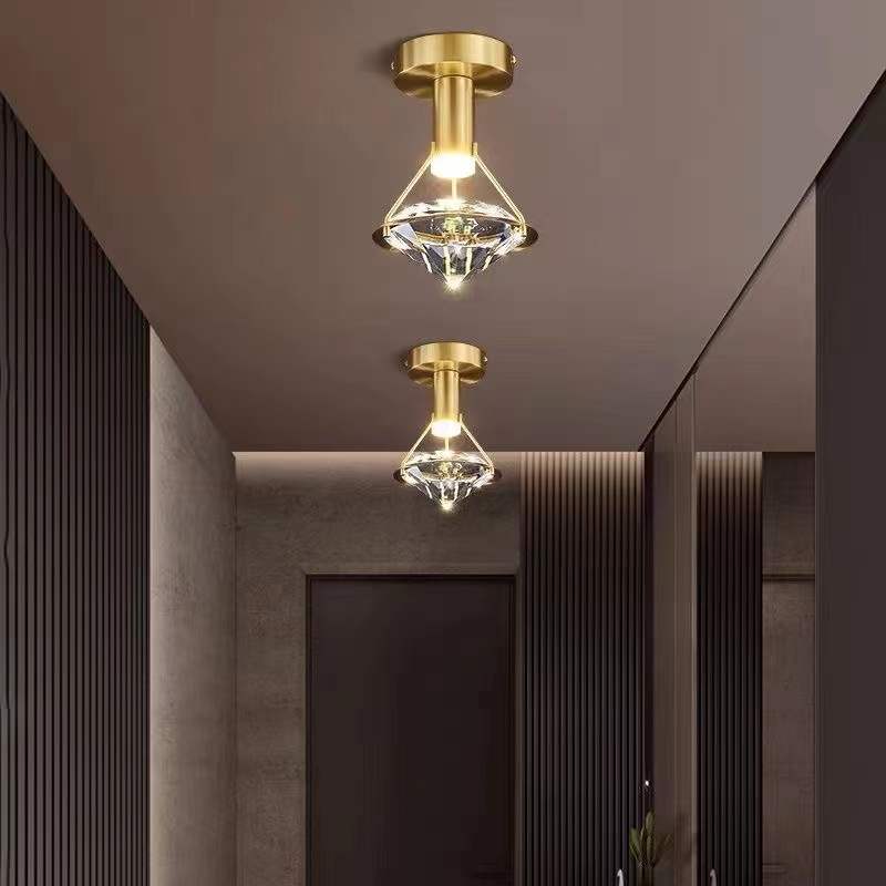 Modern Luxury Diamond Cone Cylinder Iron Crystal LED Semi-Flush Mount Ceiling Light For Bedroom