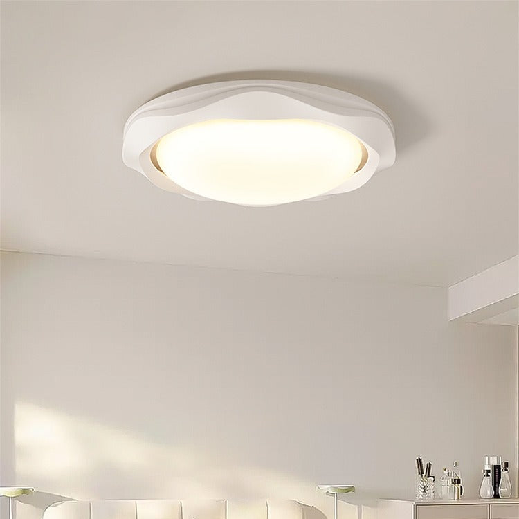 Contemporary Scandinavian Cream Wave Round PE Iron LED Flush Mount Ceiling Light For Bedroom