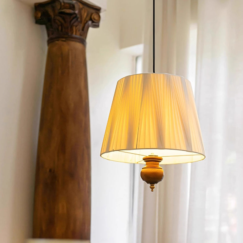 Modern Mid-Century Pleated Round Cylinder Iron Fabric 1-Light Pendant Light For Bedroom