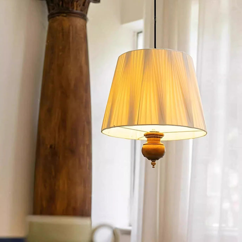 Modern Mid-Century Pleated Round Cylinder Iron Fabric 1-Light Pendant Light For Bedroom