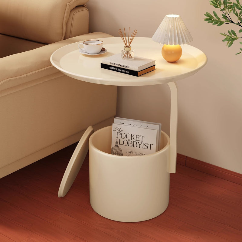 Modern Minimalist Cream Round Cylinder Iron Side Table 1-Storage For Living Room