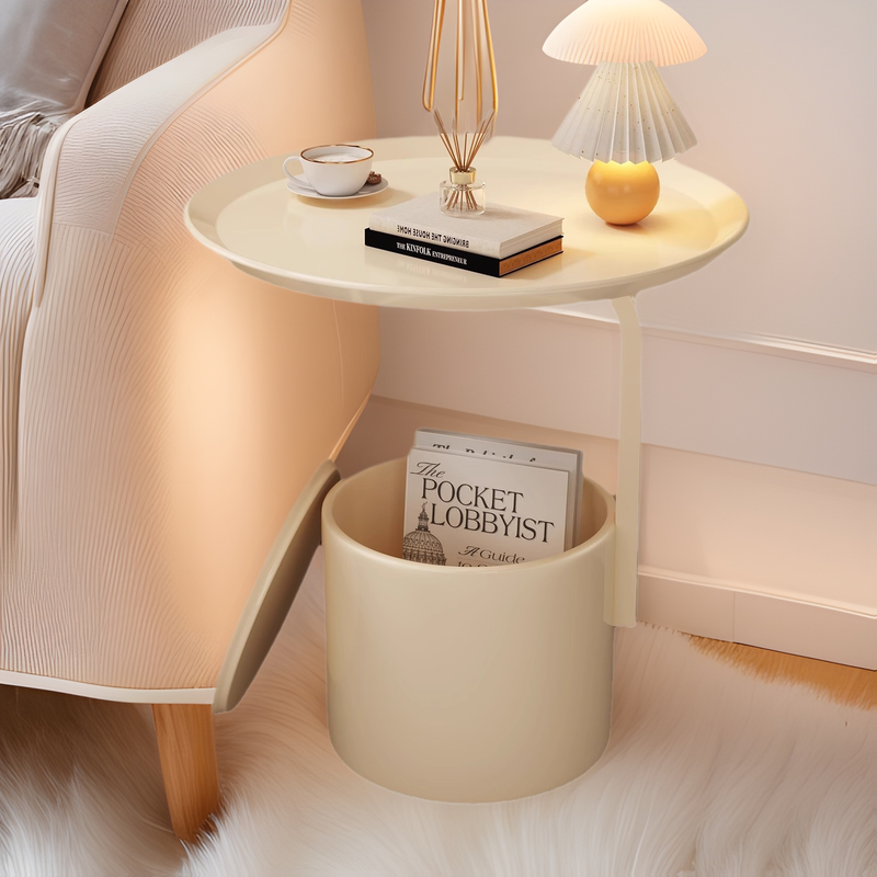 Modern Minimalist Cream Round Cylinder Iron Side Table 1-Storage For Living Room