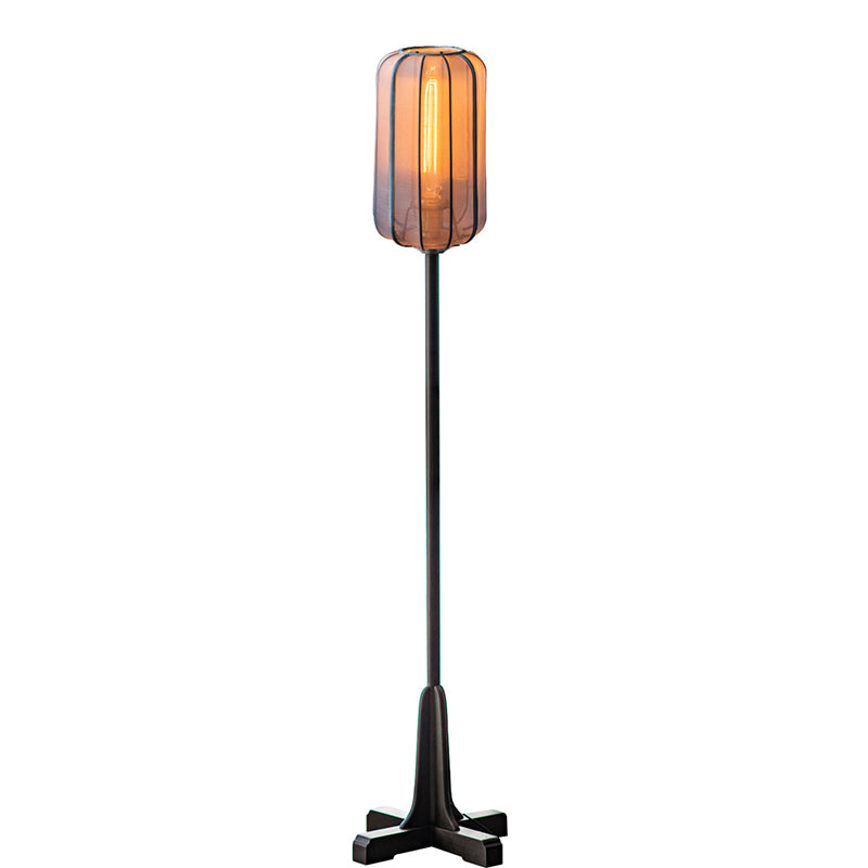 Traditional Chinese Lantern Cylinder Solid Wood Fabric 1-Light Standing Floor Lamp For Living Room