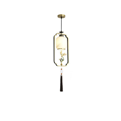 Traditional Chinese Lantern Cylinder Copper Glass Zinc Alloy 1-Light Pendant Light For Bedroom