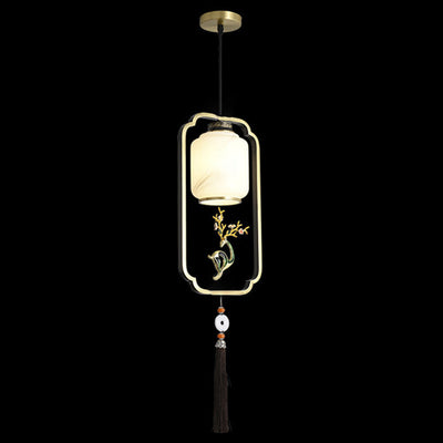 Traditional Chinese Lantern Cylinder Copper Glass Zinc Alloy 1-Light Pendant Light For Bedroom