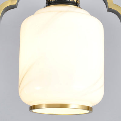 Traditional Chinese Lantern Cylinder Copper Glass Zinc Alloy 1-Light Pendant Light For Bedroom