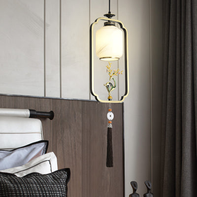 Traditional Chinese Lantern Cylinder Copper Glass Zinc Alloy 1-Light Pendant Light For Bedroom