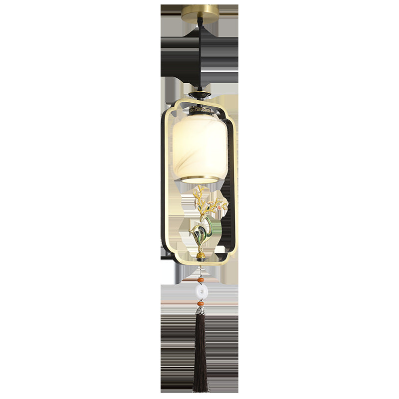 Traditional Chinese Lantern Cylinder Copper Glass Zinc Alloy 1-Light Pendant Light For Bedroom