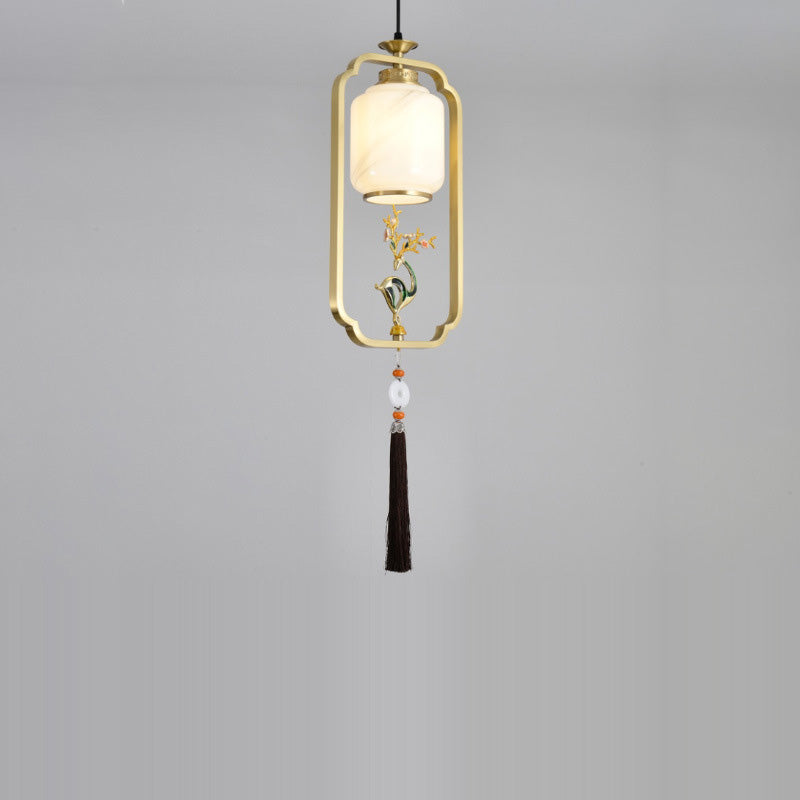 Traditional Chinese Lantern Cylinder Copper Glass Zinc Alloy 1-Light Pendant Light For Bedroom