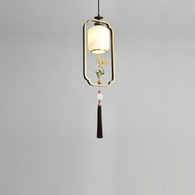 Traditional Chinese Lantern Cylinder Copper Glass Zinc Alloy 1-Light Pendant Light For Bedroom