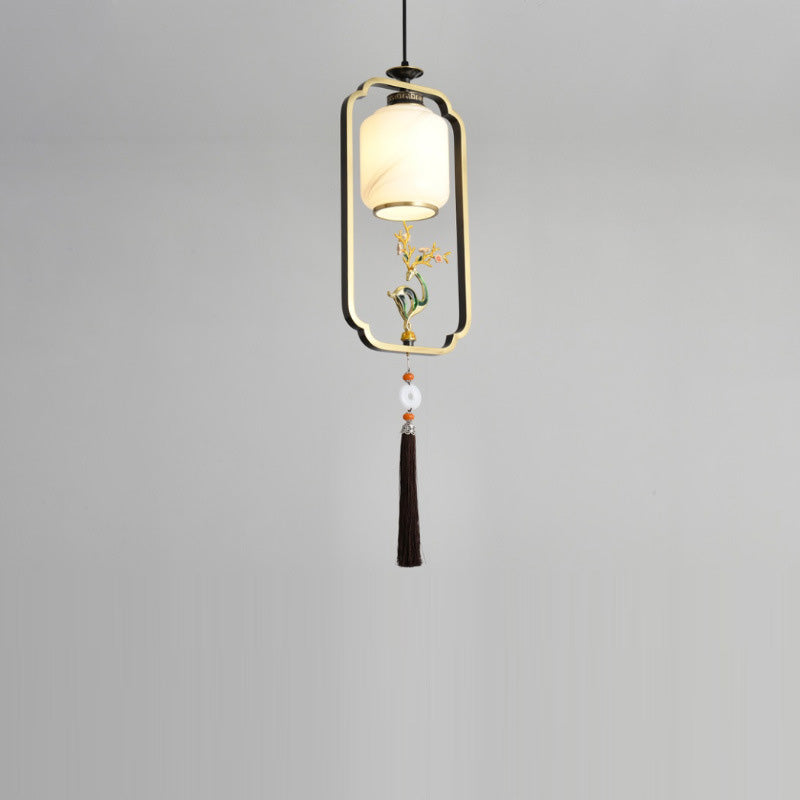 Traditional Chinese Lantern Cylinder Copper Glass Zinc Alloy 1-Light Pendant Light For Bedroom