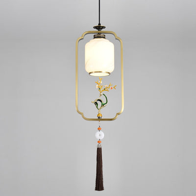 Traditional Chinese Lantern Cylinder Copper Glass Zinc Alloy 1-Light Pendant Light For Bedroom