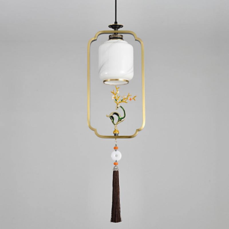 Traditional Chinese Lantern Cylinder Copper Glass Zinc Alloy 1-Light Pendant Light For Bedroom