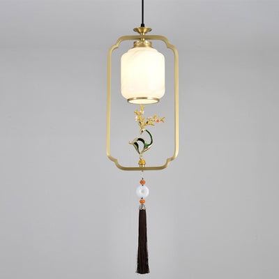 Traditional Chinese Lantern Cylinder Copper Glass Zinc Alloy 1-Light Pendant Light For Bedroom