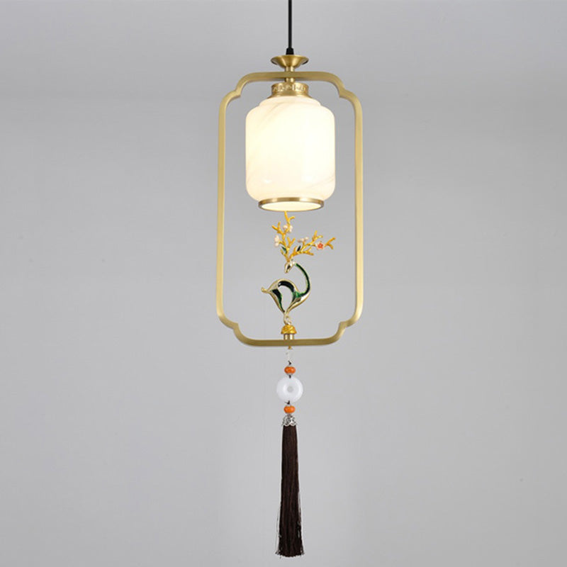 Traditional Chinese Lantern Cylinder Copper Glass Zinc Alloy 1-Light Pendant Light For Bedroom