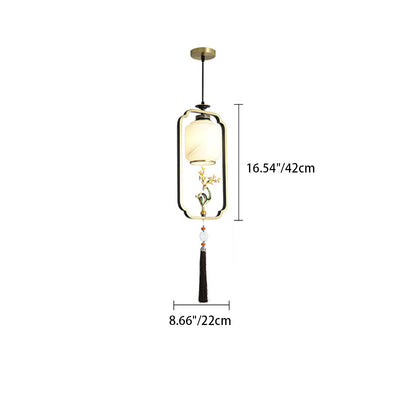 Traditional Chinese Lantern Cylinder Copper Glass Zinc Alloy 1-Light Pendant Light For Bedroom