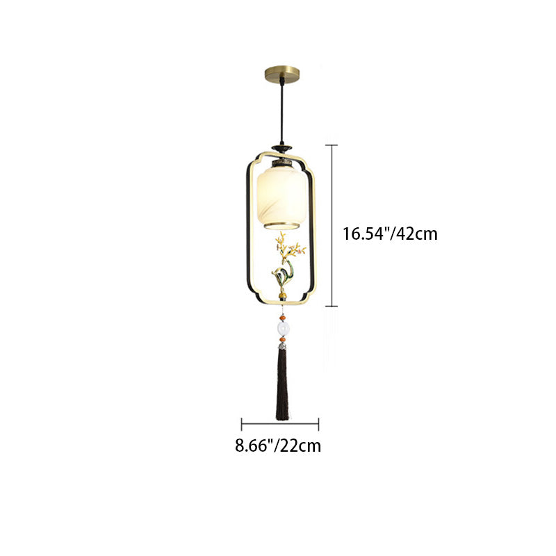 Traditional Chinese Lantern Cylinder Copper Glass Zinc Alloy 1-Light Pendant Light For Bedroom