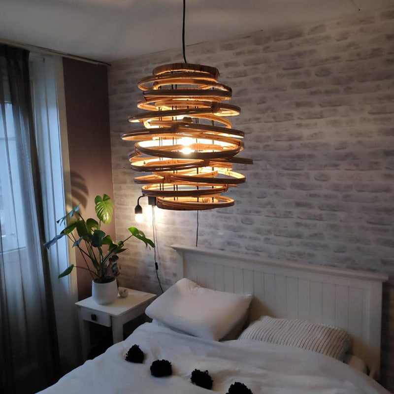 Traditional Japanese Lantern Cylinder Rattan 1-Light Pendant Light For Living Room