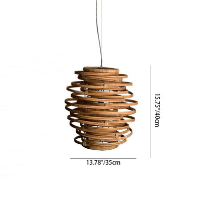 Traditional Japanese Lantern Cylinder Rattan 1-Light Pendant Light For Living Room