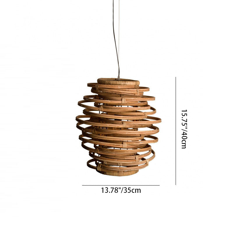 Traditional Japanese Lantern Cylinder Rattan 1-Light Pendant Light For Living Room