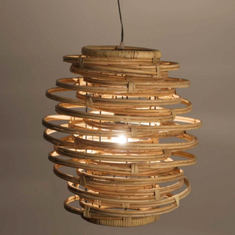 Traditional Japanese Lantern Cylinder Rattan 1-Light Pendant Light For Living Room