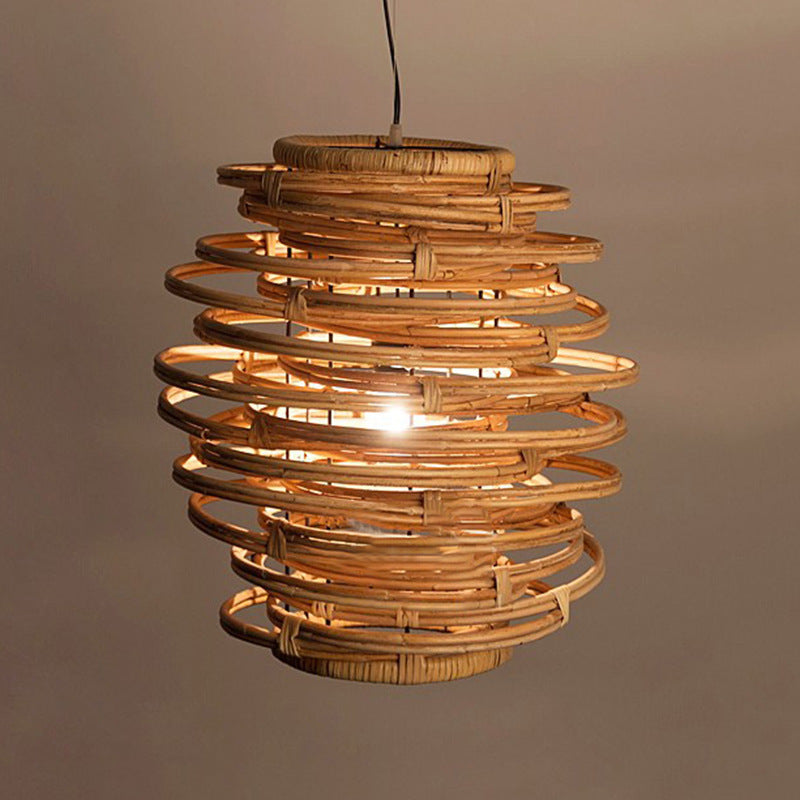 Traditional Japanese Lantern Cylinder Rattan 1-Light Pendant Light For Living Room