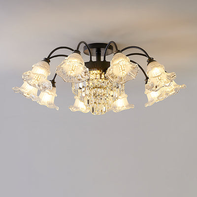 Modern Luxury Flower Iron Crystal Glass 3/6/8 Light Semi-Flush Mount Ceiling Light For Living Room