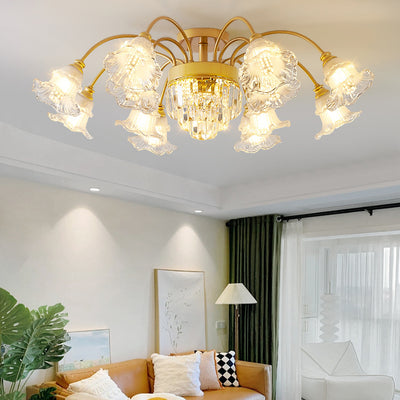 Modern Luxury Flower Iron Crystal Glass 3/6/8 Light Semi-Flush Mount Ceiling Light For Living Room