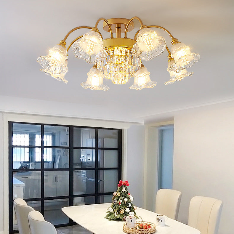 Modern Luxury Flower Iron Crystal Glass 3/6/8 Light Semi-Flush Mount Ceiling Light For Living Room