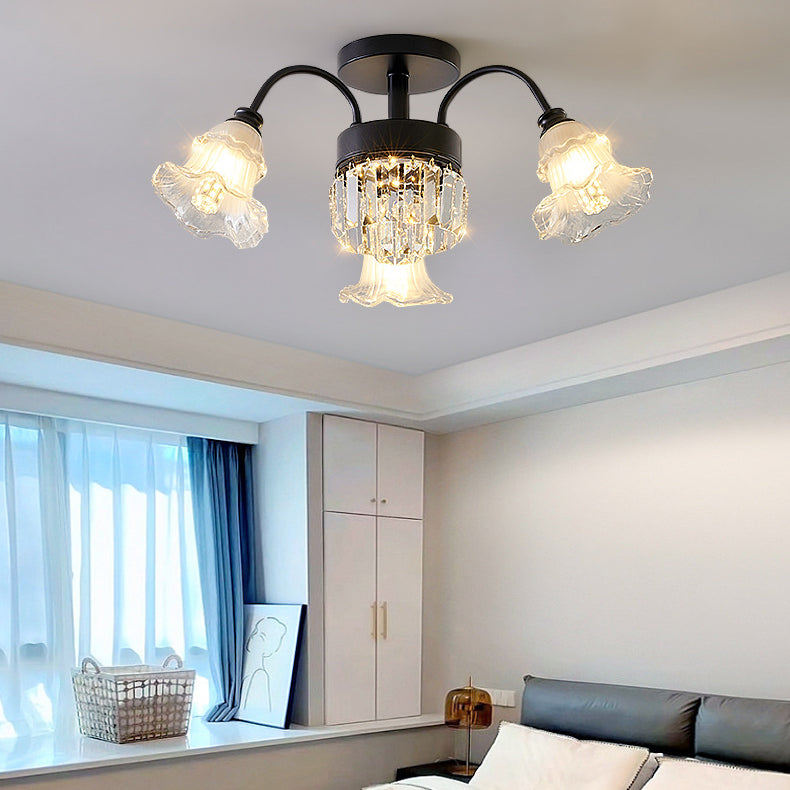 Modern Luxury Flower Iron Crystal Glass 3/6/8 Light Semi-Flush Mount Ceiling Light For Living Room