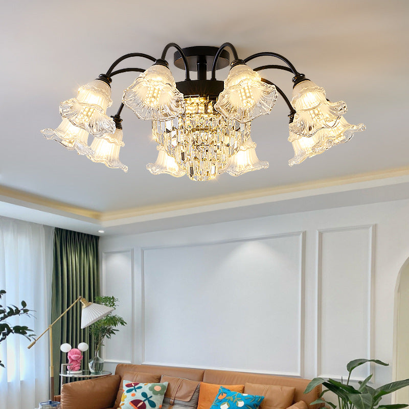 Modern Luxury Flower Iron Crystal Glass 3/6/8 Light Semi-Flush Mount Ceiling Light For Living Room