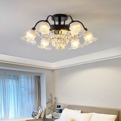 Modern Luxury Flower Iron Crystal Glass 3/6/8 Light Semi-Flush Mount Ceiling Light For Living Room