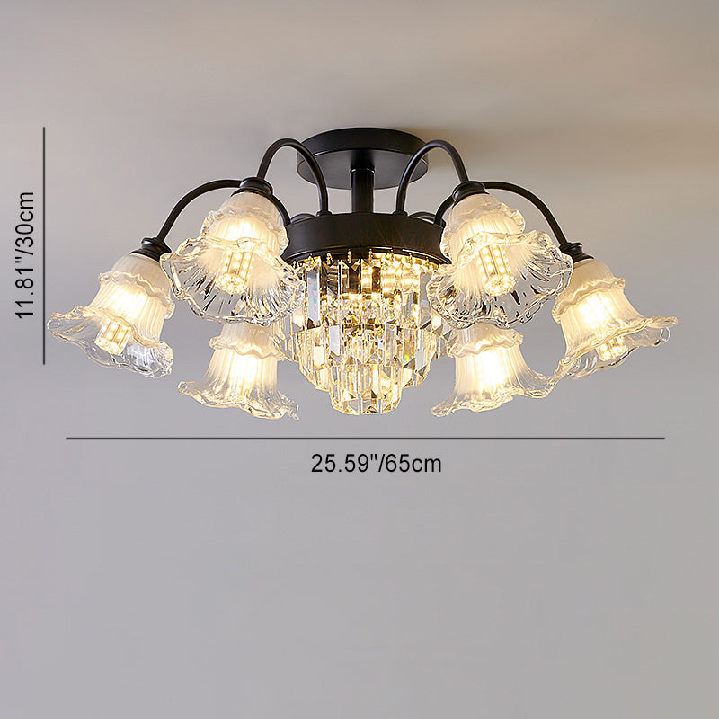 Modern Luxury Flower Iron Crystal Glass 3/6/8 Light Semi-Flush Mount Ceiling Light For Living Room