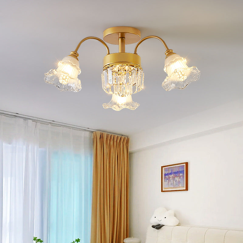 Modern Luxury Flower Iron Crystal Glass 3/6/8 Light Semi-Flush Mount Ceiling Light For Living Room