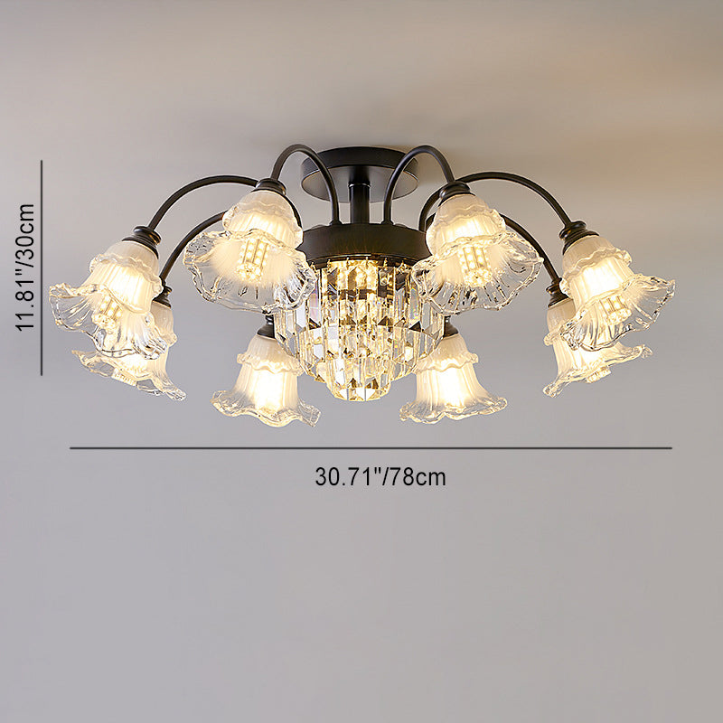 Modern Luxury Flower Iron Crystal Glass 3/6/8 Light Semi-Flush Mount Ceiling Light For Living Room