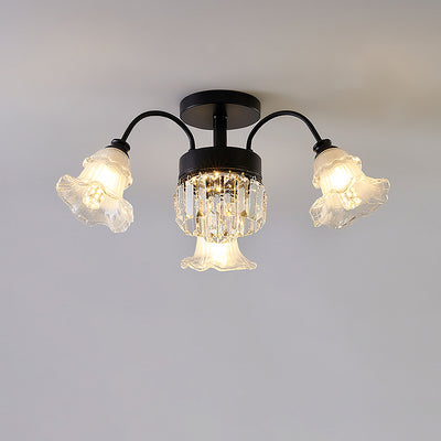 Modern Luxury Flower Iron Crystal Glass 3/6/8 Light Semi-Flush Mount Ceiling Light For Living Room