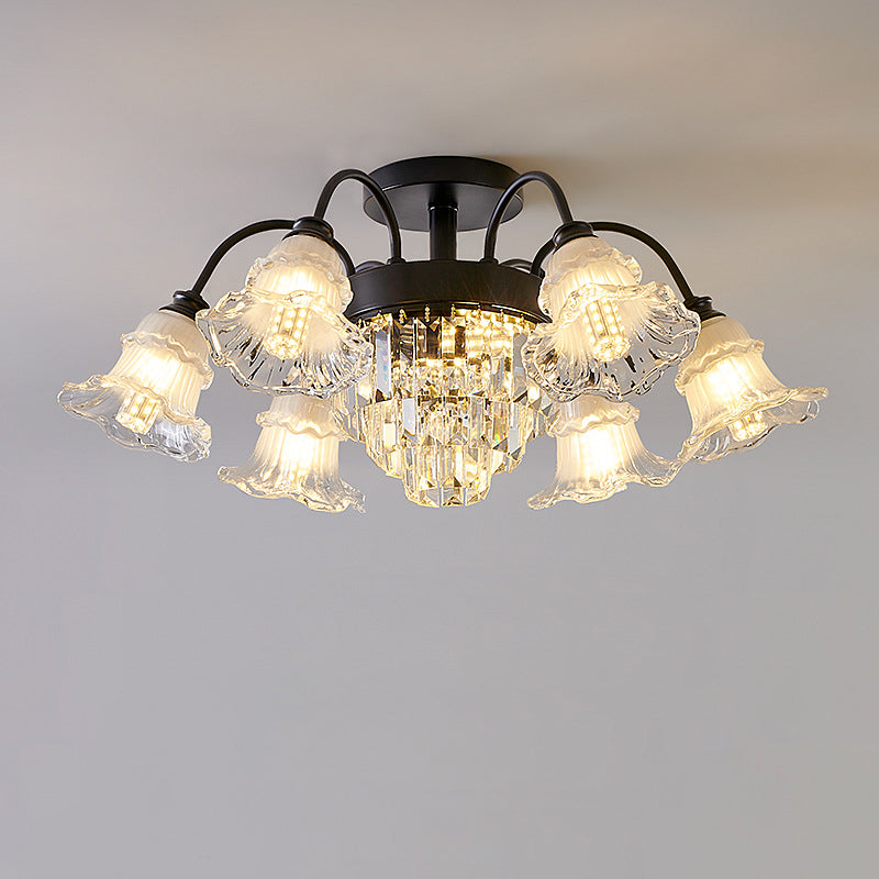 Modern Luxury Flower Iron Crystal Glass 3/6/8 Light Semi-Flush Mount Ceiling Light For Living Room