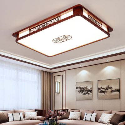 Traditional Chinese Rectangle Pine Acrylic LED Flush Mount Ceiling Light For Living Room