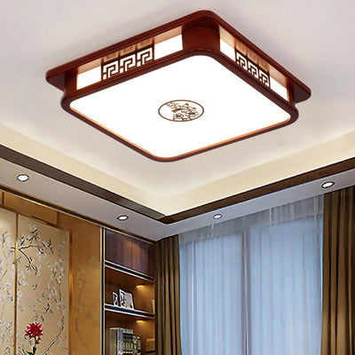 Traditional Chinese Rectangle Pine Acrylic LED Flush Mount Ceiling Light For Living Room