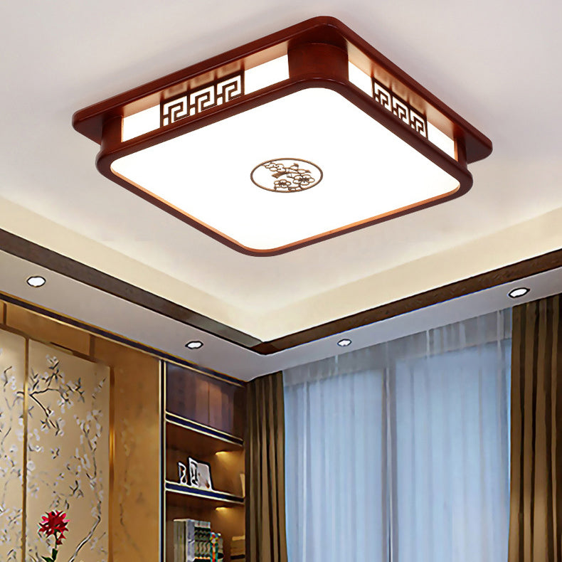 Traditional Chinese Rectangle Pine Acrylic LED Flush Mount Ceiling Light For Living Room