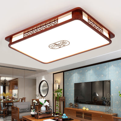 Traditional Chinese Rectangle Pine Acrylic LED Flush Mount Ceiling Light For Living Room