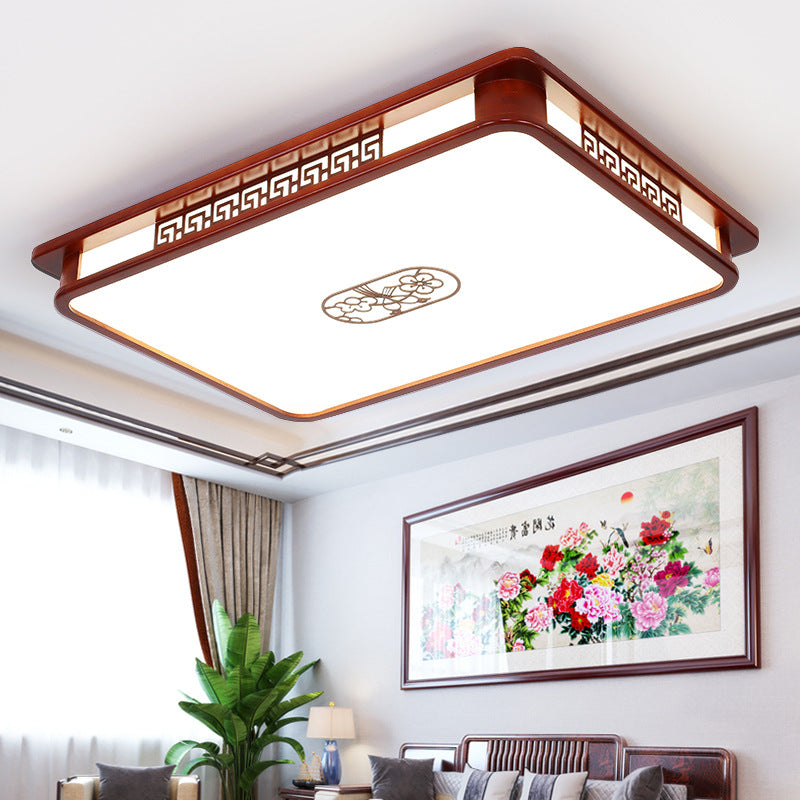 Traditional Chinese Rectangle Pine Acrylic LED Flush Mount Ceiling Light For Living Room