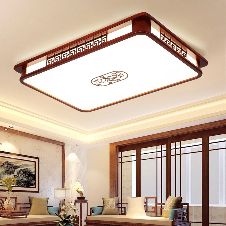 Traditional Chinese Rectangle Pine Acrylic LED Flush Mount Ceiling Light For Living Room