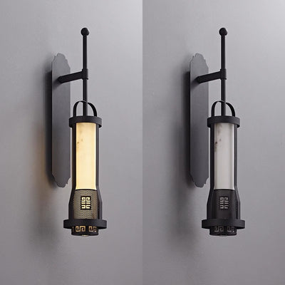 Traditional Chinese Cylinder Metal Natural Marble LED Wall Sconce Lamp For Living Room