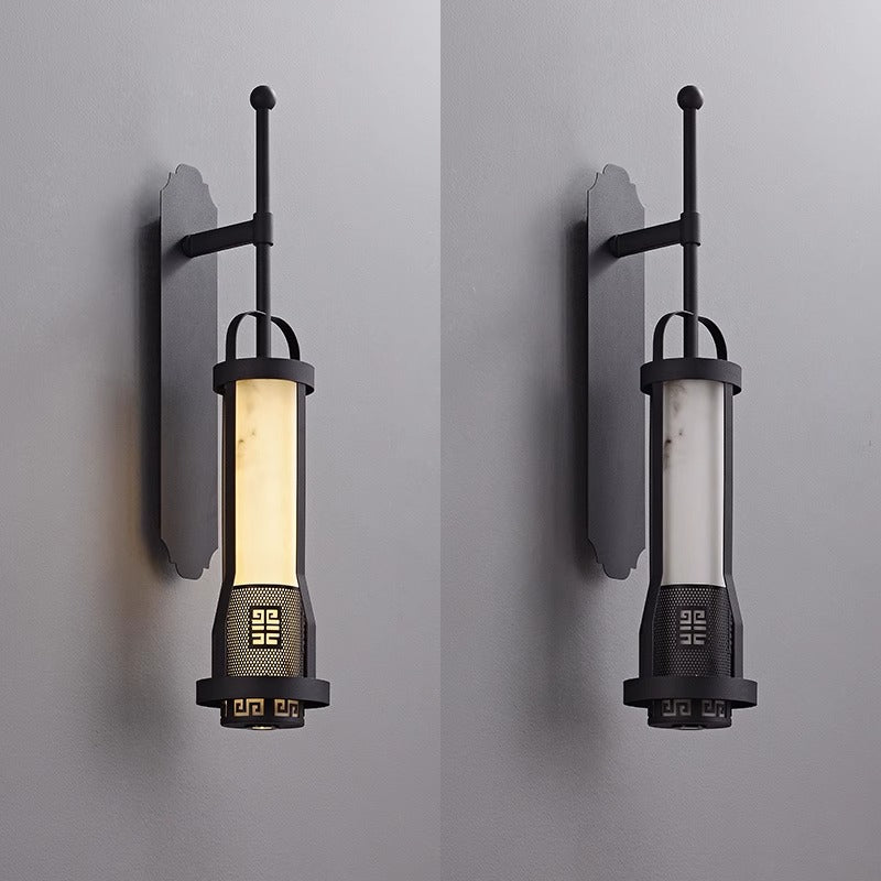 Traditional Chinese Cylinder Metal Natural Marble LED Wall Sconce Lamp For Living Room