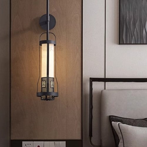 Traditional Chinese Cylinder Metal Natural Marble LED Wall Sconce Lamp For Living Room